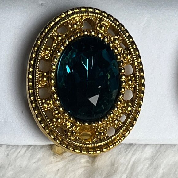Vintage Gold-Tone Clip-On Earrings With Dark Teal Glass Oval Stones & Filigree - Picture 2 of 5